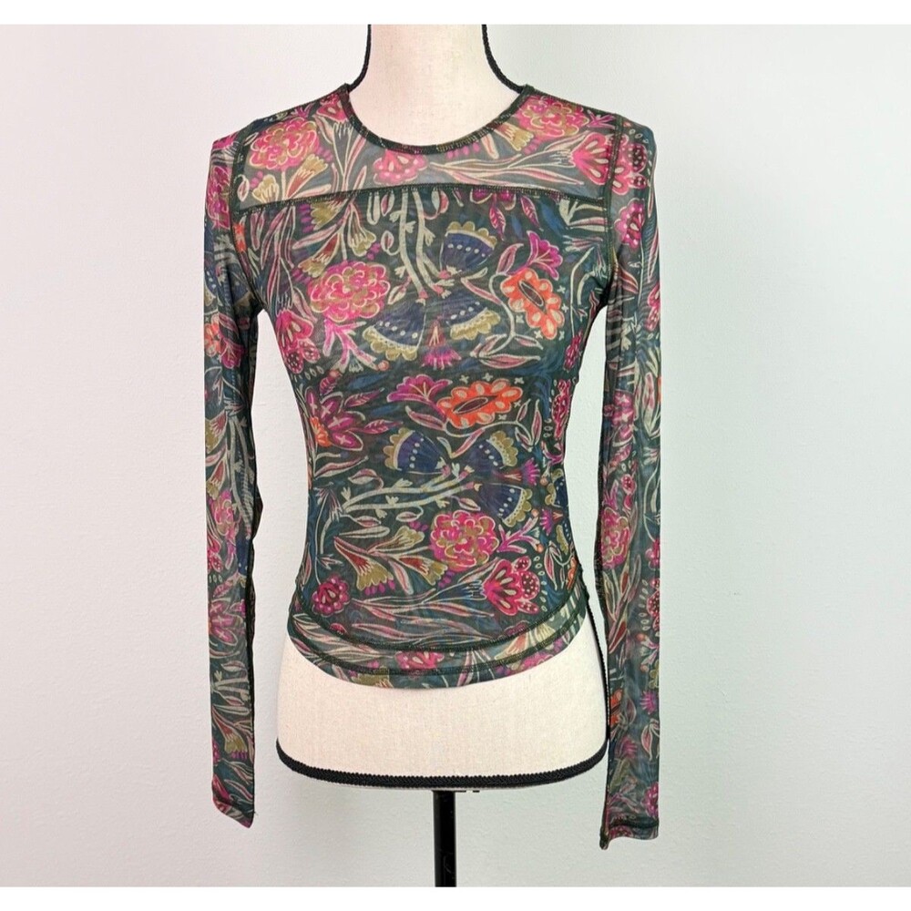 Natural Life Sloane Mesh Top Green Painterly Vines Print XS Boho Indie Whimsical